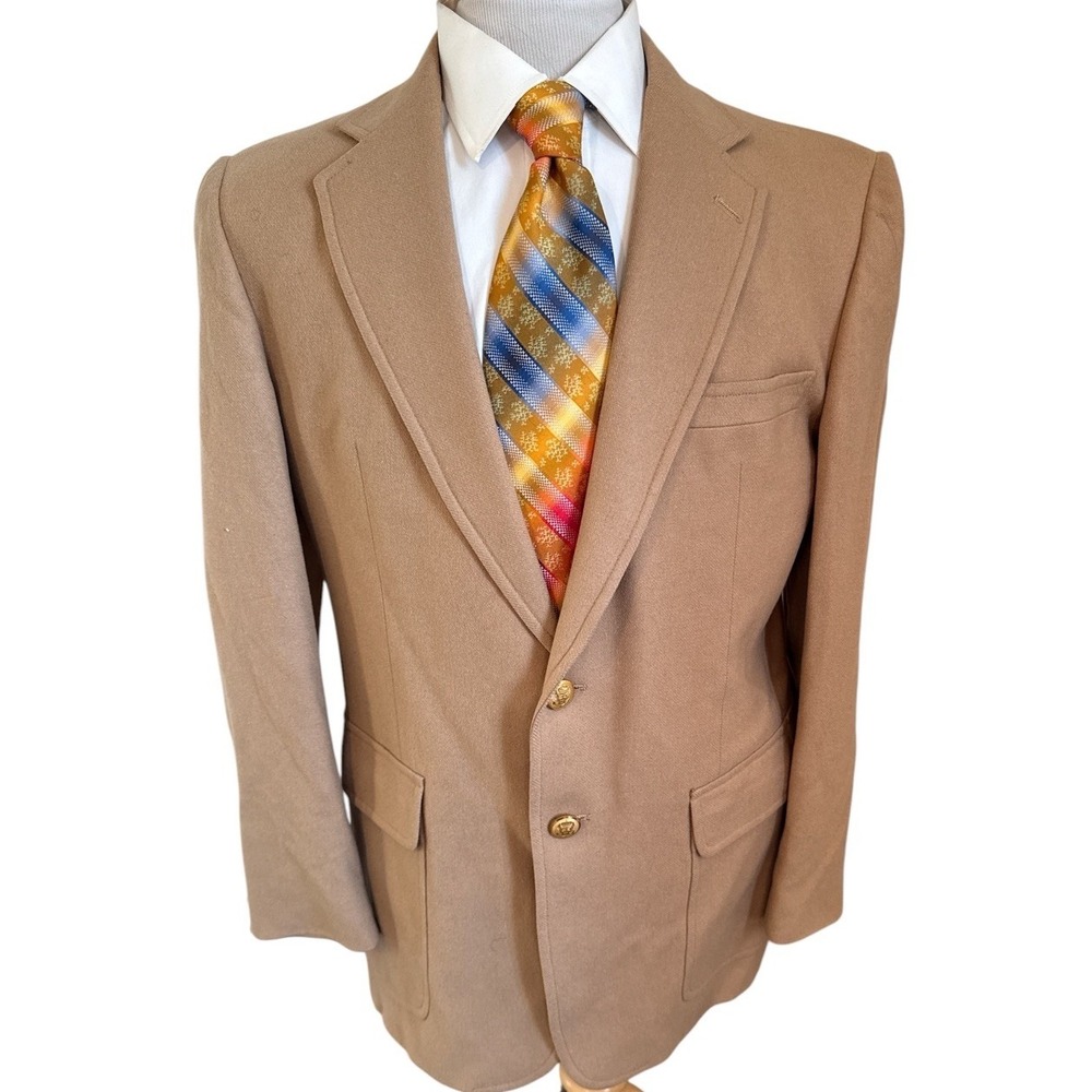 Tan Brown Gold Button Flannel Wool Blazer Stanley Blacker Academia Jacket Sz 42S